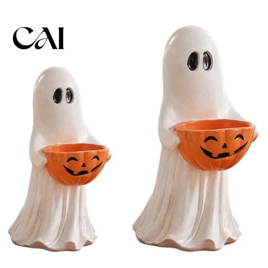 Kid Friendly Halloween Ornaments Resin Ghost Statue with Pumpkin Candy Bowl, Cute Figurine, Trick Seasonal Home Shelf Accessories or Treat Holder for