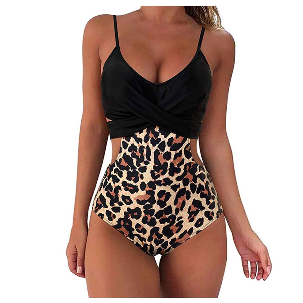 Women Sexy Bikini Swimwear One-Piece Print Patchwork Swimsuit Swimming Beachwear