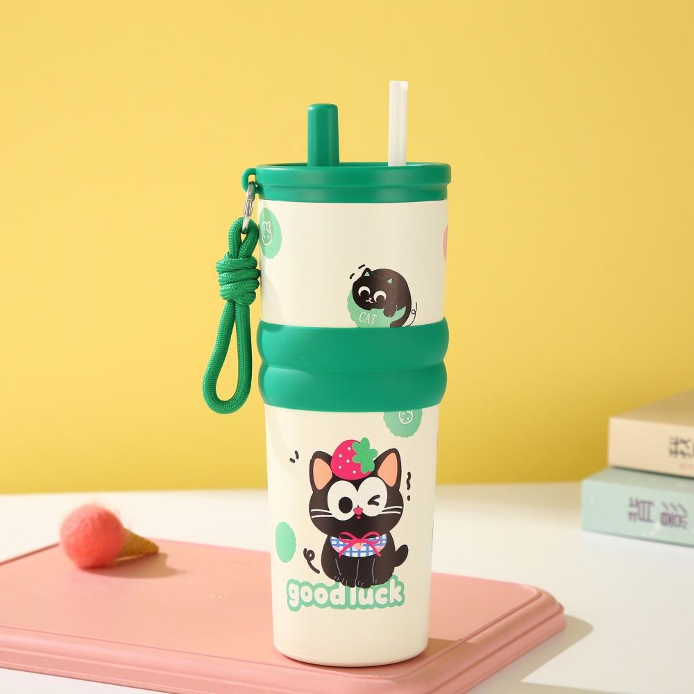 Kawaii Cat Thermal Water Bottle With Straw Cute Stainless Steel Hot Cold Tea Coffee Thermos 710ml Portable Tumbler Woman Gift