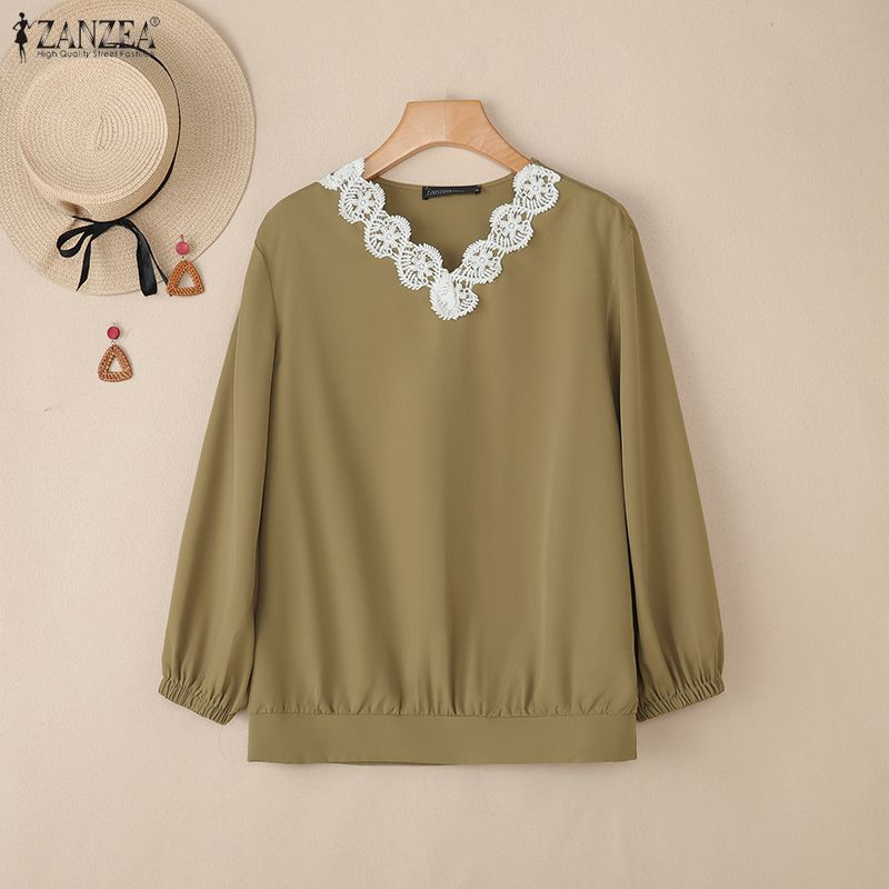 ZANZEA Women Lace Splice V-neck Casual Long Sleeve Blouse