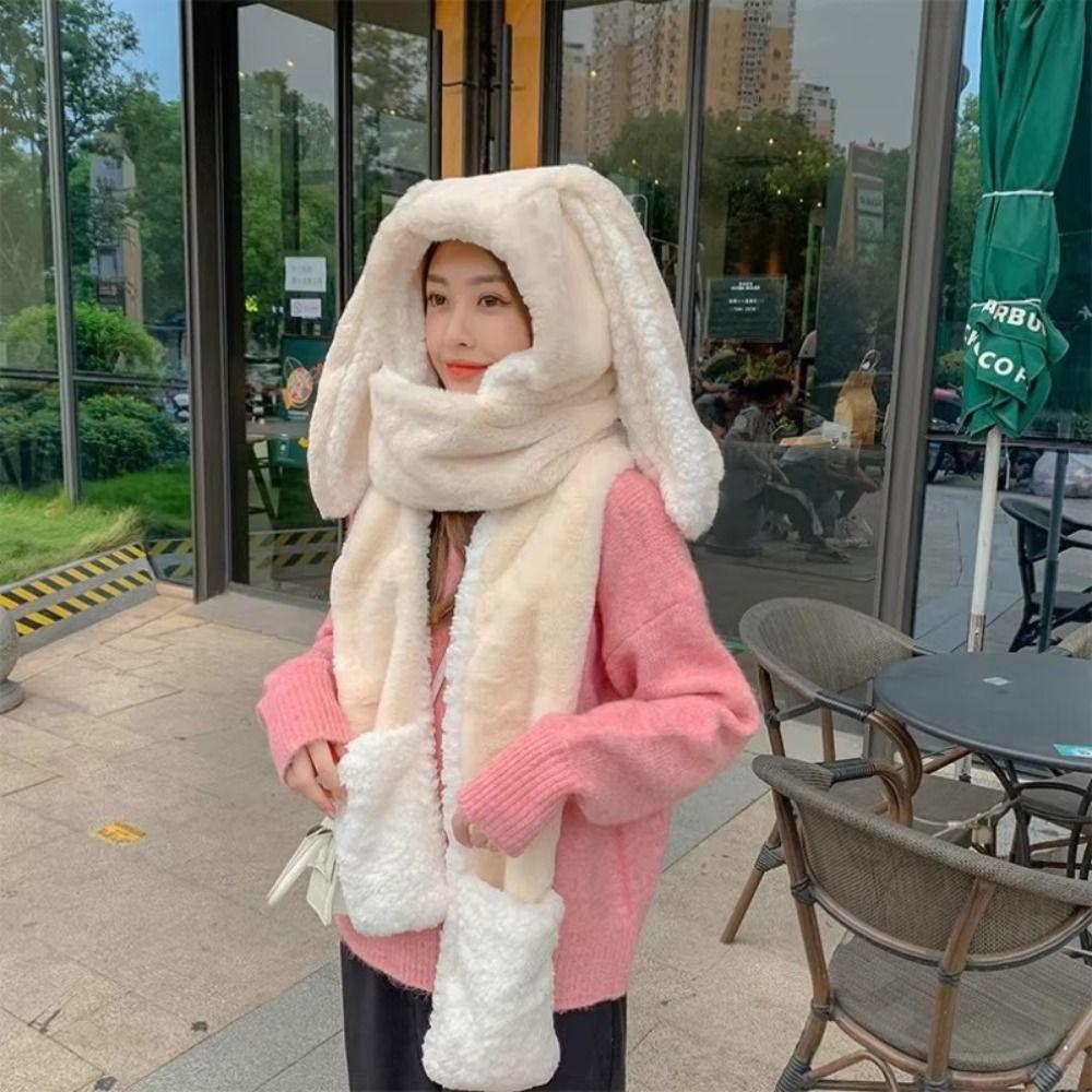 Plush Bunny Beanie Hat Scarf Thickened Ear Protection Cap Cute Hat Scarf Gloves Set  Woman Girls
