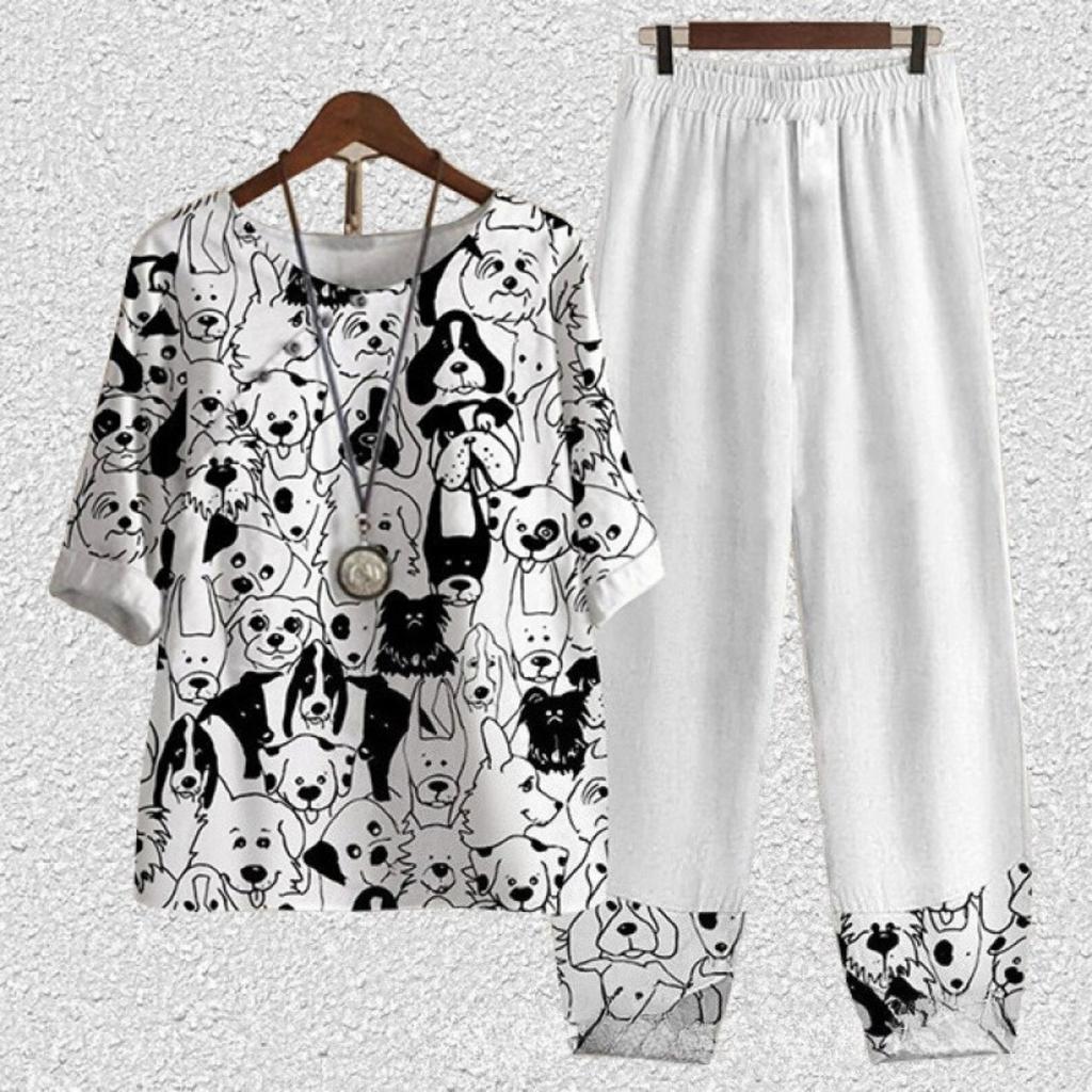 Women's Loose Fit Floral Printed Two Piece Outfit Half Sleeve T-Shirt Elastic Waist Pantsuit