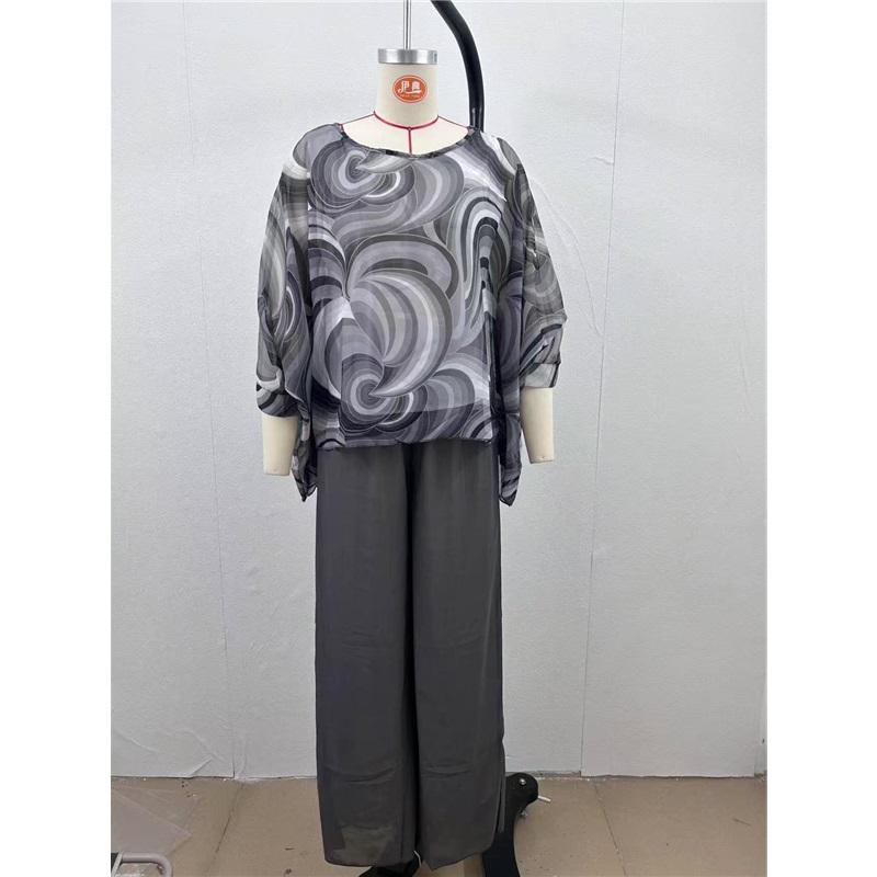 Women's Abstract Printed Chiffon Two Piece Bat Sleeve Top And Wide Leg Pants