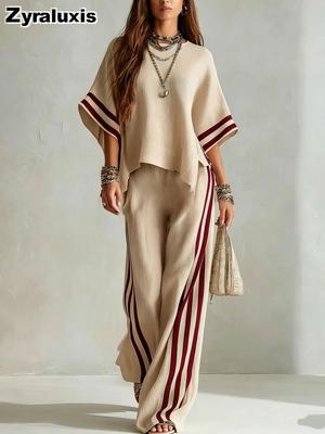 Conjunto de Dos Piezas de Pantalones Anchos a Rayas y Parches de Moda para Mujer Verano/Otoño