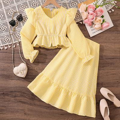Children's Fashion Striped V-neck Lace Long-sleeved Top and Skirt Set, Autumn Girls' Casual Set