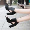 Thick heel high heels fish mouth 2025 summer new leather shoes deep mouth middle heel hollow single shoes sandals women's shoes waterproof table