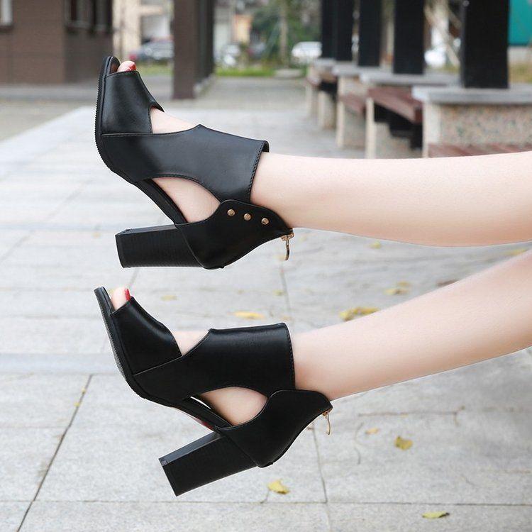Thick heel high heels fish mouth 2025 summer new leather shoes deep mouth middle heel hollow single shoes sandals women's shoes waterproof table