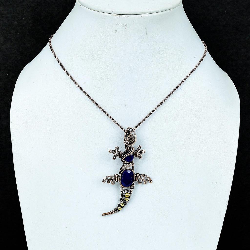 Blue Sapphire Pendant, Handmade Gemstone Pendant, 999 Copper Wire Wrapped Pendant Antique Jewelry, For Engagement Gift