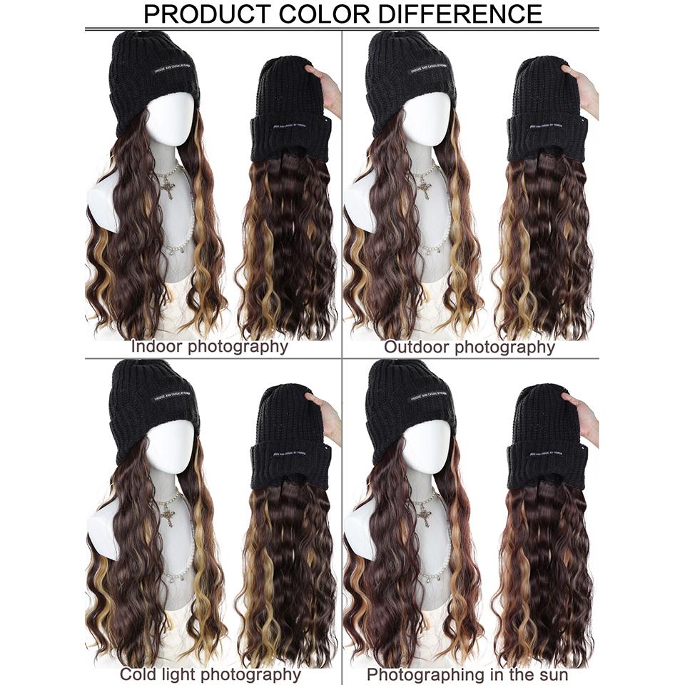 Synthetic Wig Hat Wig Warm Knitted Hat with Water Ripple Curls Women's Hat Wig Suitable for Daily Wear in Winter and Autumn