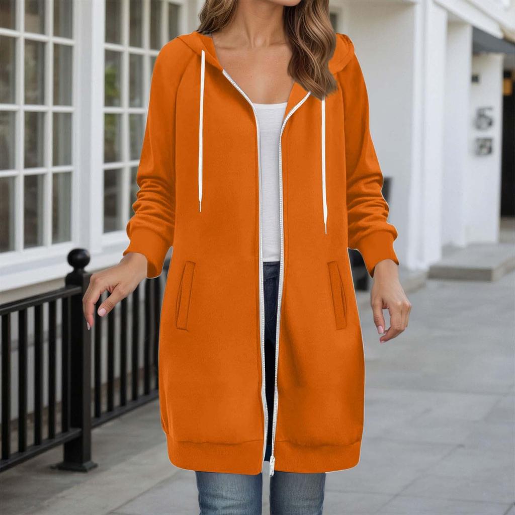 Women's Color Hooded Jacket with Pockets Long Sleeve Loose Fit Casual Long Coat