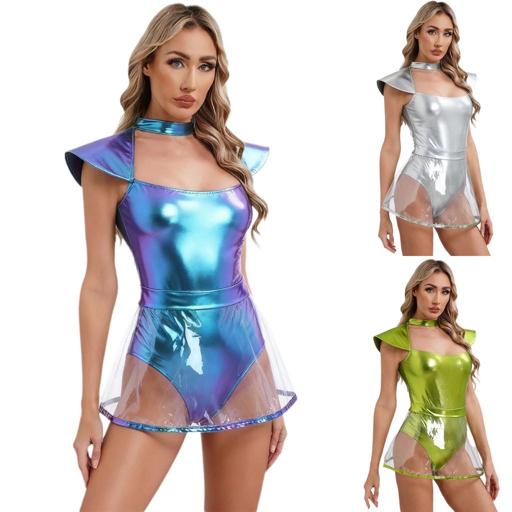 Womens Space Alien Cosplay Costume Fly Sleeve Cutout Briefs Bottom PVC Skirt One Piece Bodysuit Carnival Wear