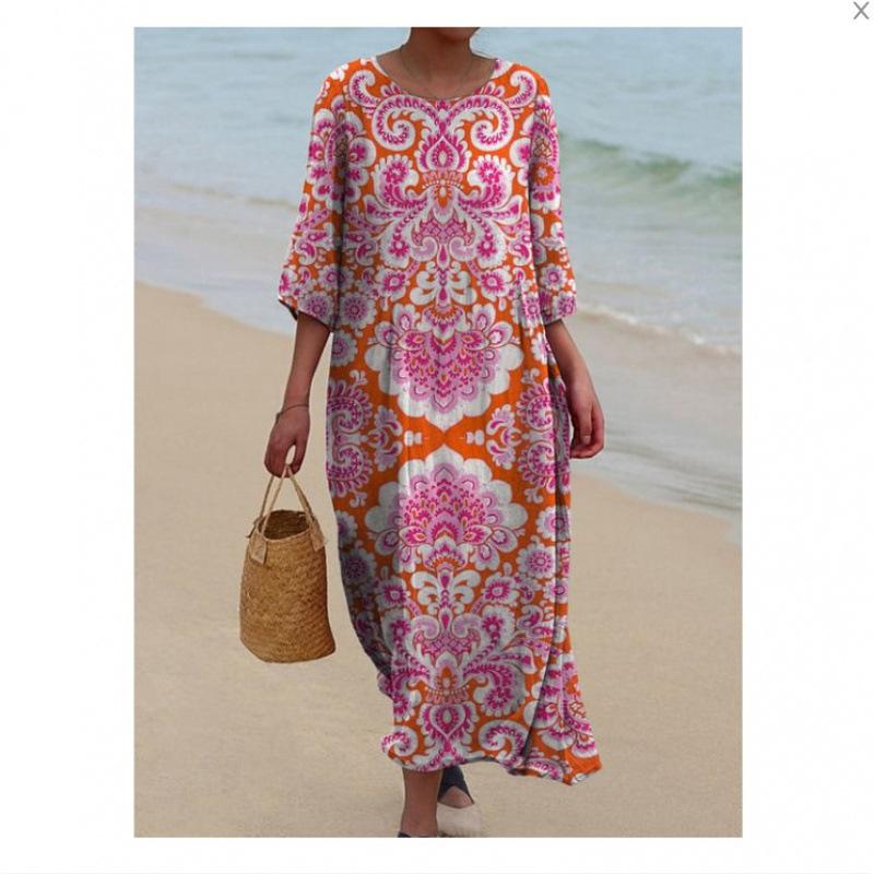 Women's Round Neck 3/4 Sleeve Midi Dress Casual Loose Solid Color Beach Vacation Long Dress