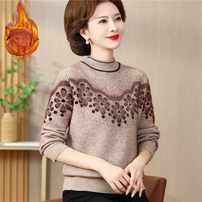 Women Winter Sweater High End Fashion Plush Tnicken Warm Knitted Pullover Middle-aged Women Elegant Jumper Femme Knitwear