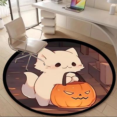 1PC Halloween Kitten Office Round Area Rug, Indoor Mat Suitable ForOffice, Under Office Chairs Bedroom Living Room Home Decor, Room Deco, F030
