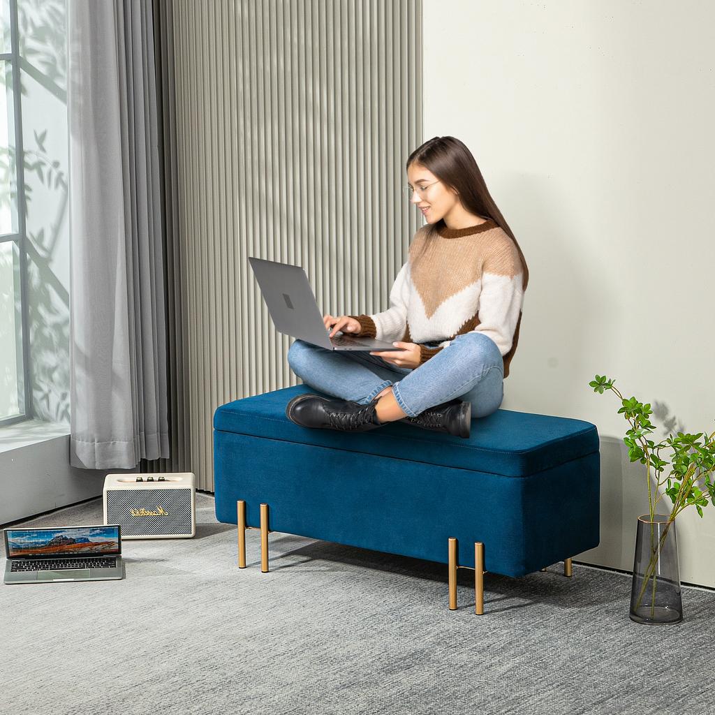 Bench, Upholstered Bench with Storage, Metal, Rubberwood, Foam, 100 x 40 x 42 cm, Dark Blue