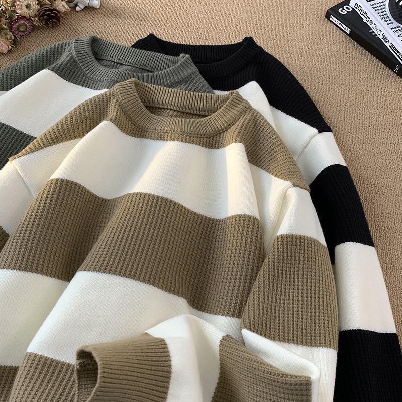 Men's Striped Crew Neck Sweater, 2024 Autumn/Winter Teen Casual, Loose Fit, Color Block, Lazy Style Knitted Cardigan.