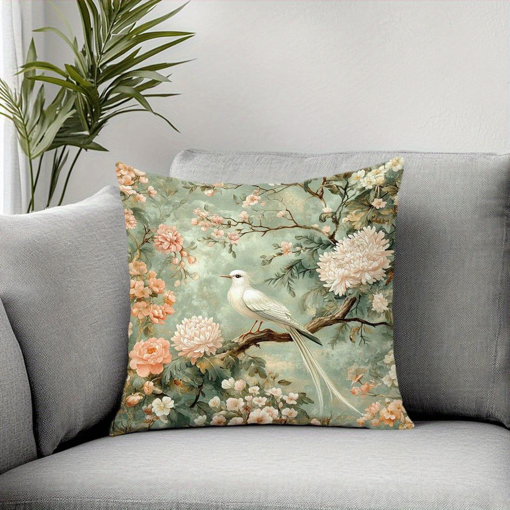 Vintage Chinoiserie Bird Floral Pillow Cover Sage Green Peony Cushion Case Oriental Home Decor Gift