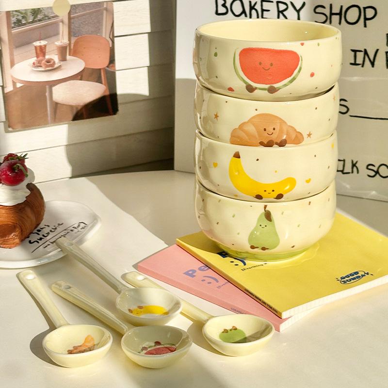 Ins Cute Ceramic Rice Bowl High Value Fruit Dessert Bowl Tableware Set Gift Box Housewarming Gift