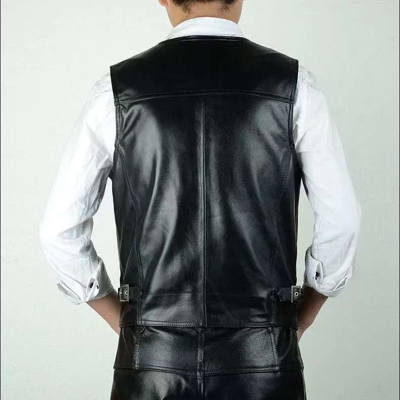 Real Leather Vest for Men Top Layer Cowhide Multiple Pockets Slim Fit Plus Size Leather Vest Retro Leather Camisole Shoulder Clip