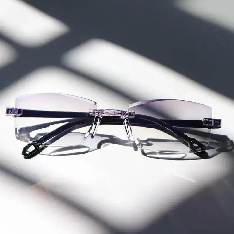 Retro Unisex Progressive Bifocal Reading Glasses Anti-blue Diamond Cut Rimless Eyesglasses Vintage Women Men Near Far Eyewear