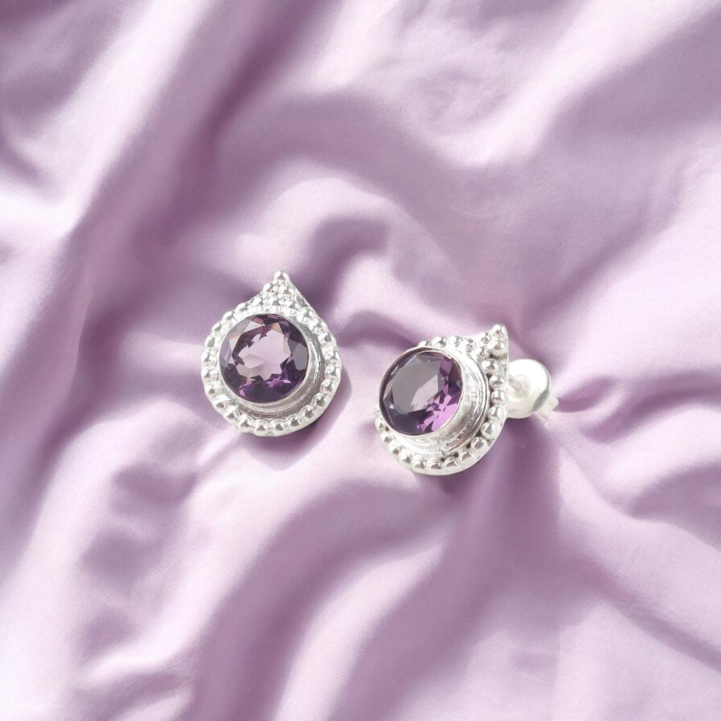 Rare Amethyst Gemstone 925 Sterling Silver Jewelry Handmade Stud Earrings 0.62" EE-125-7