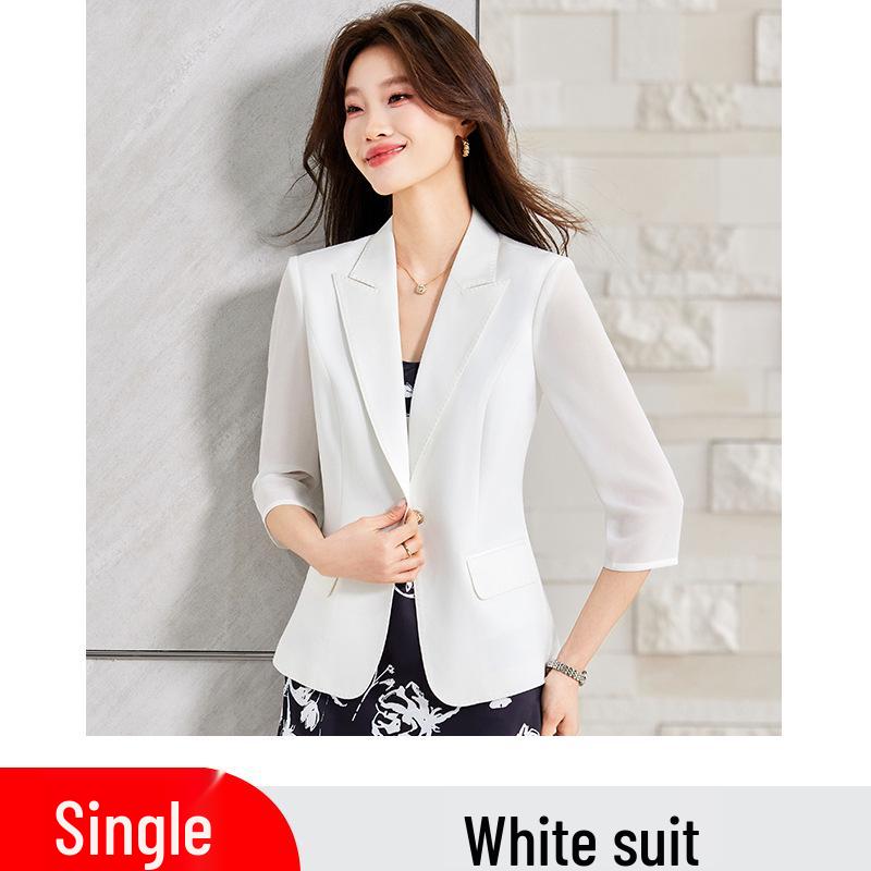 Women's White Acetate Satin Blazer: Thin, 3/4 Sleeves, Spring/Summer, Goddess Style, Professional Suit Jacket
