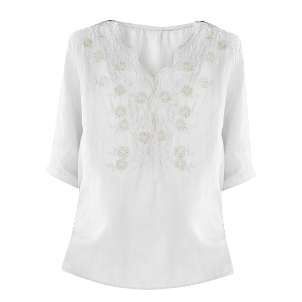 Women's Fashion Cotton Linen Casual Retro Loose Seven Sleeve Pullover T-Shirt Top