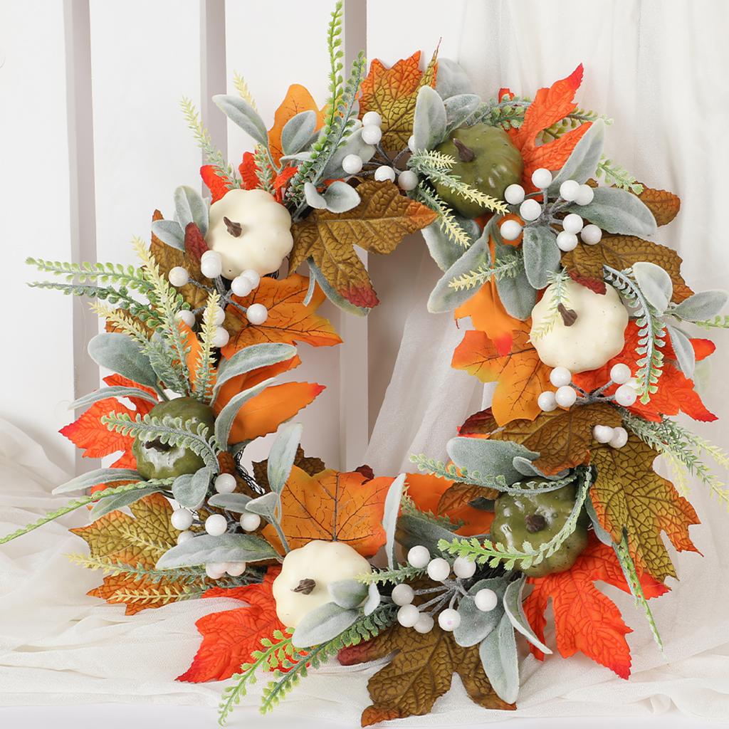Artificial Pumpkin and Leaf Wreath 40/45cm Fall Harvest Decorative Door Wreath with Faux Berries and Foliage for Seasonal Home Decor