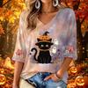 Women's V-Neck Three-Quarter Sleeve Casual Top with Halloween Print