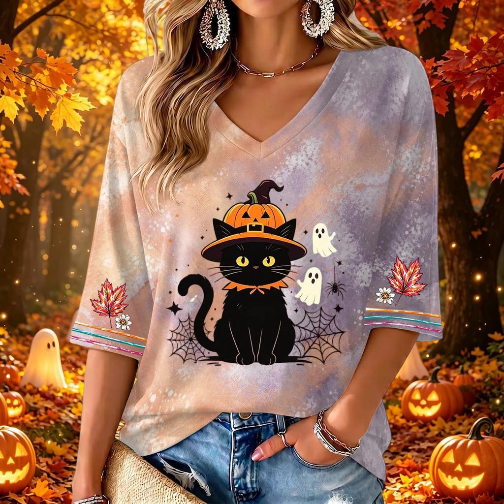 Women's V-Neck Three-Quarter Sleeve Casual Top with Halloween Print