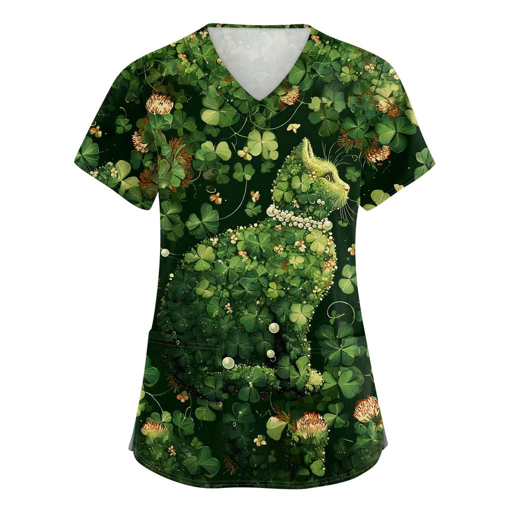 Women's V-neck St. Patrick's Day Printed Short-sleeved Pocket Side-slit Protective Suit Top