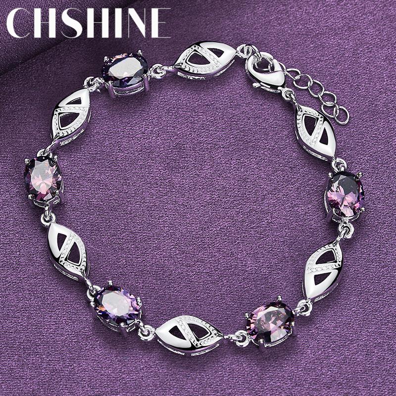

CHSHINE Браслет-цепочка из стерлингового серебра 925 пробы с фиолетовым кристаллом для женщин Свадебная вечеринка Модная бижутерия 20cm