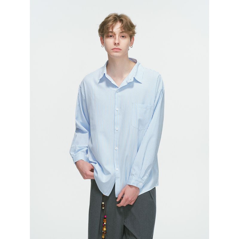 Dream Made American-Style Striped White Long-Sleeved Shirt for Men, Spring and Autumn Casual Workwear, Loose Inner Shirt