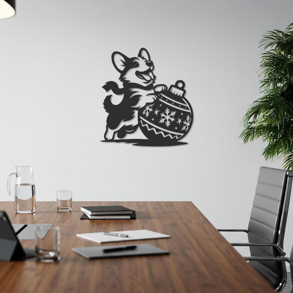 Festive Corgi Metal Wall Art with Ornament Cute Dog Holiday Home Decor Playful Christmas Decoration