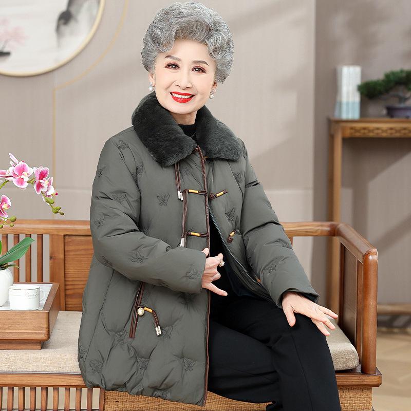 Mittellange Damen-Daunenjacke mit Pelzkragen - Kurzer Oma-Stil Winter 2025 Kälteschutz Warme Kleidung