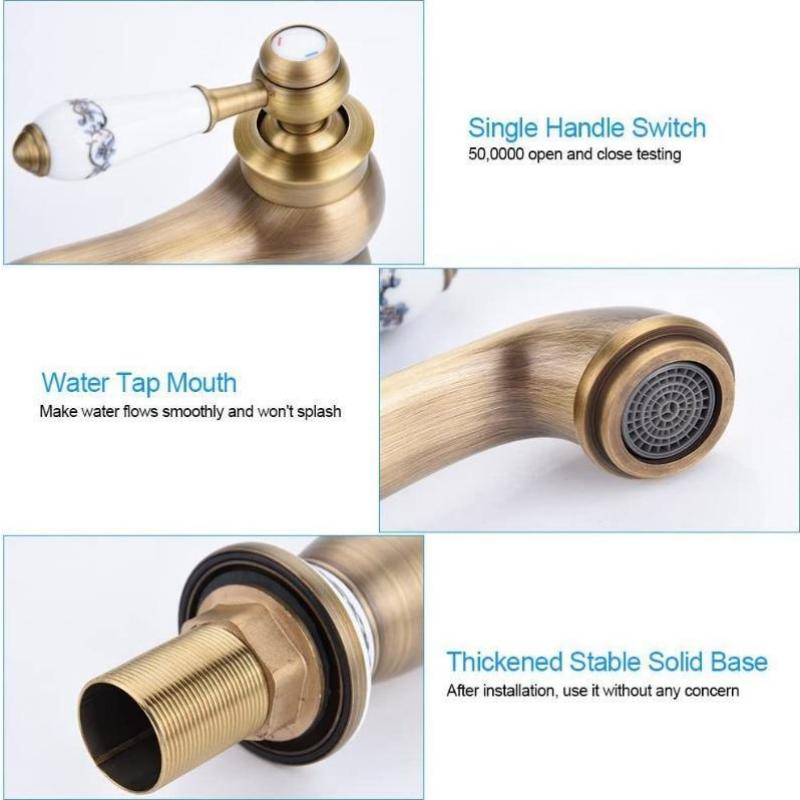 Baterie vintage din alamă antică cu porțelan albastru și alb, baterie cu gât lung pentru baie/bucătărie, chiuvetă cu apă rece și caldă (Finisaj antic)