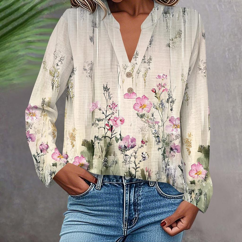 Women's Fashionable And Casual Shirt Long Sleeve V-neck Button Printed Blouse Top