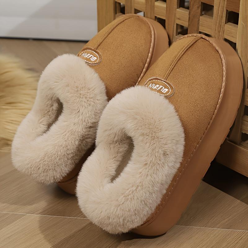 Solid Color Slip on Furry Slippers, Soft Warm Plus Fleece House Shoes with Round Toe,  Casual All-Season Slippers