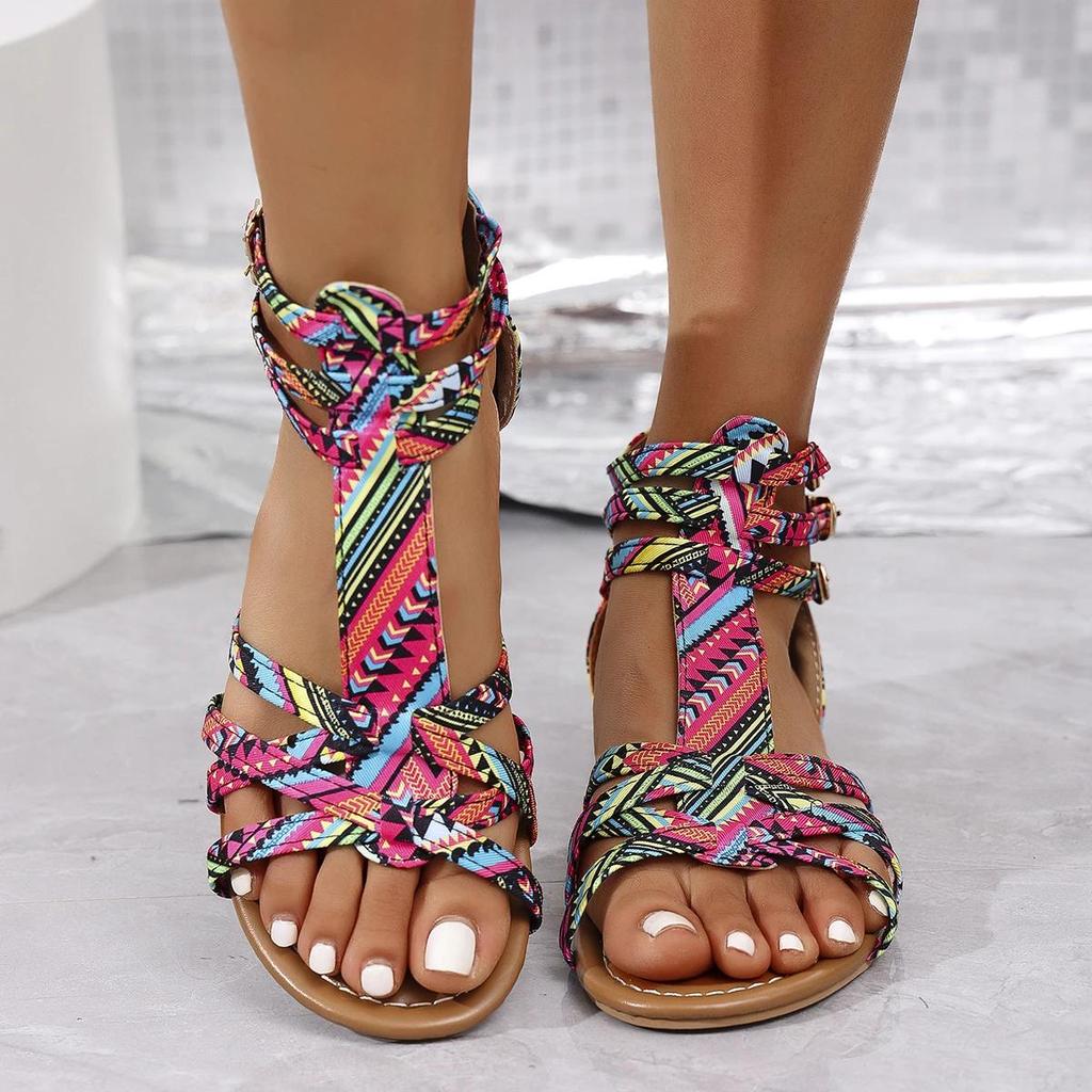 2025 Summer Women's Roman Sandals Flat Heel Wrap Rear Zipper Open Toes Women Sandalias Dress Beach Anti-slip Zapatillas De Mujer