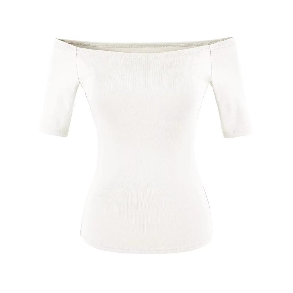 One-word collar medium-sleeved T-shirt women's summer new American Spice Girl solid color slim-fitting short bottoming top
