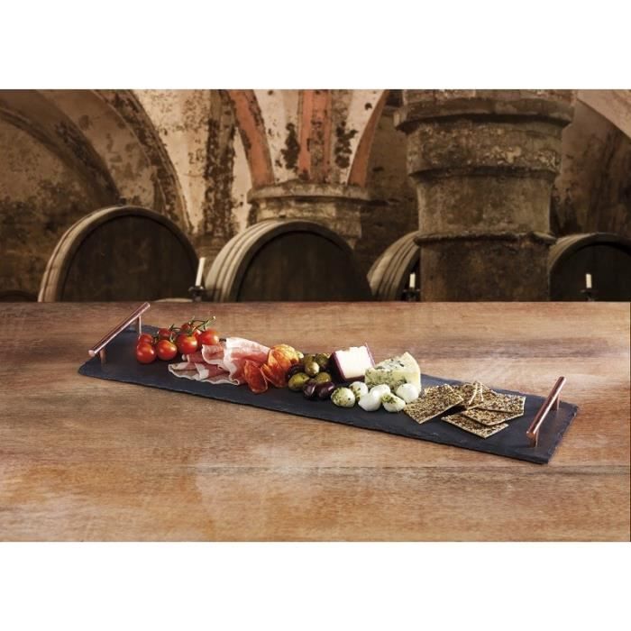 Plat De Service - Kitchen Craft - 60x15cm - Ardoise Naturelle - Poignées En Cuivre - Rectangulaire