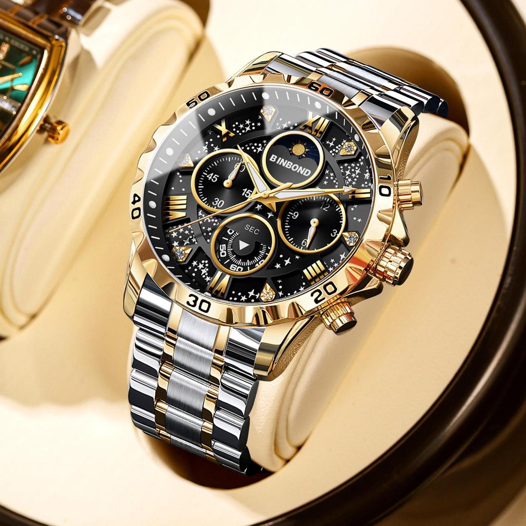 BINBOND Men's Luminous Stainless Steel Moon Phase Quartz Watch