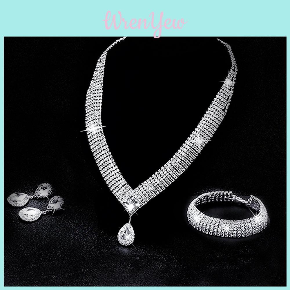 Water Drop Necklace Earring Bracelet Set With Zirconia For Bridal Wedding Dress Accessories