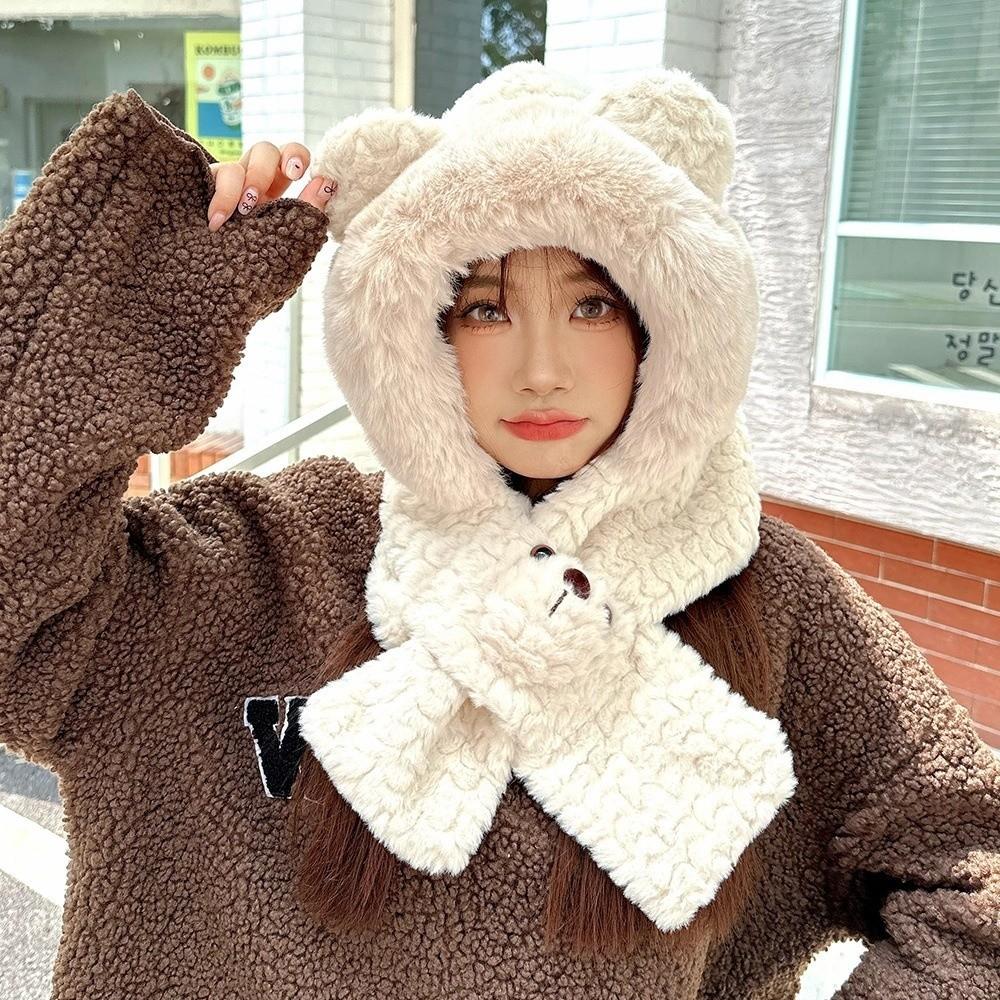 Cartoon Bear Ear Hat Warm Winter Neckerchief Fashion 2 in 1 Plush Scarf Girl