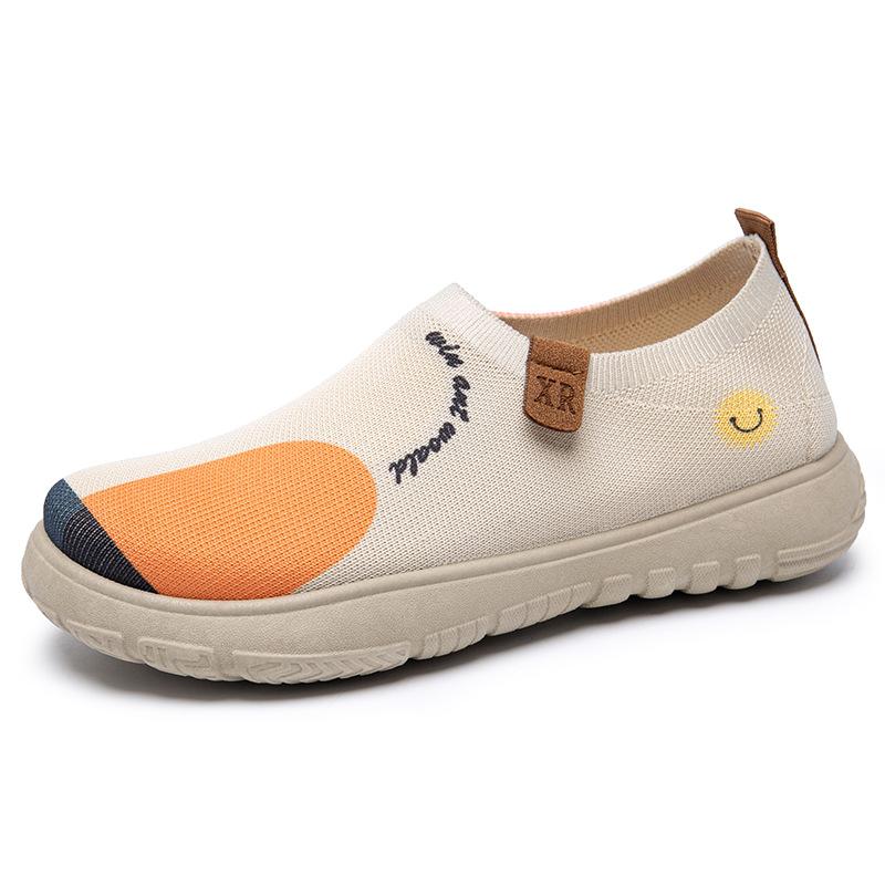 Ladies  Thick Soled Painted Cloth Shoes, Women s Casual Flyknit Thick Soled Single Shoes, Breathable Soft Soled Shoes 35 бежевый