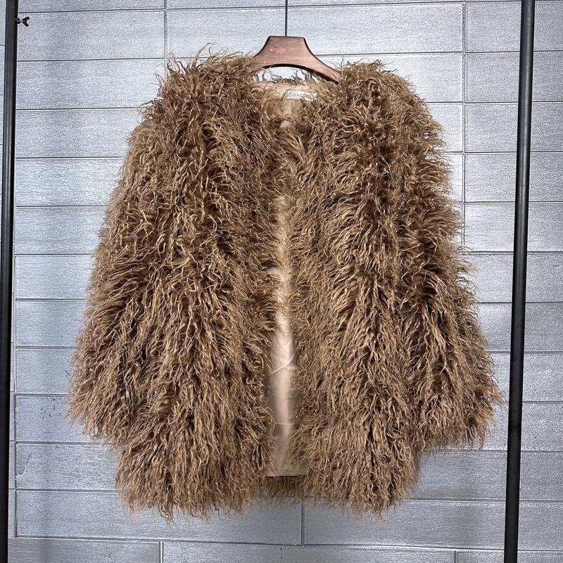 Korean Style Women's Tan Faux Lamb Wool Mid-Length Coat