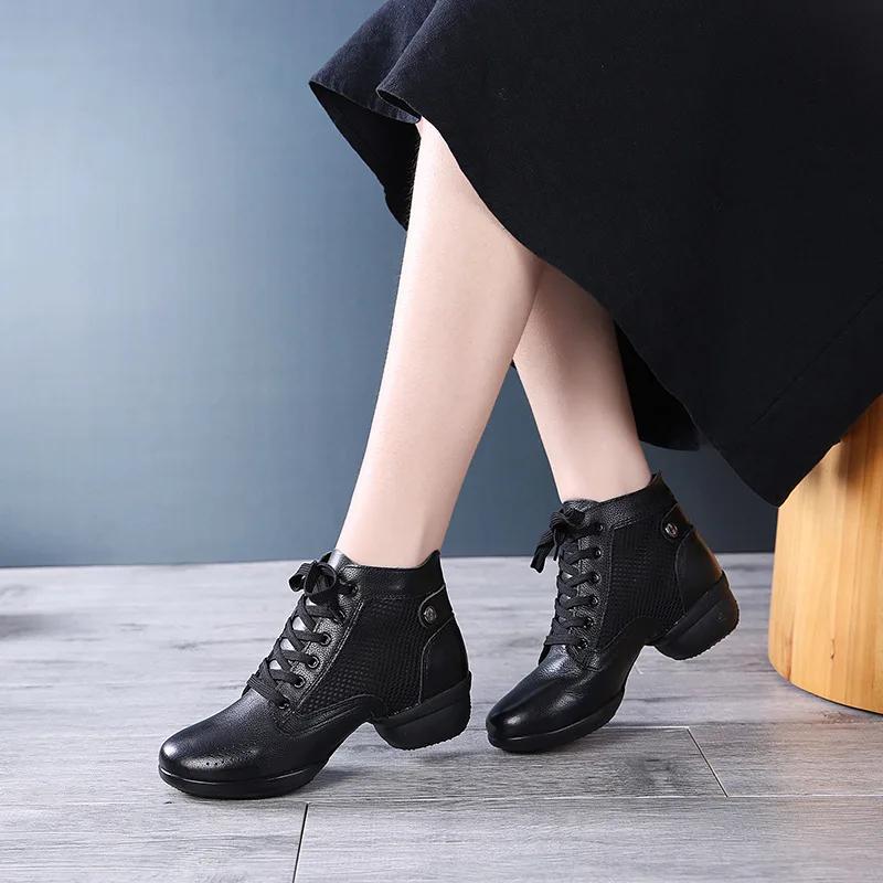  Fashion Woman Genuine Leather Boots Square Dance Shoes Increase Women Sneakers Boots Soft Sole Modern Girls Dance Shoes
