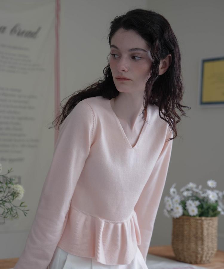 DEHEVE V-Neck Flare Shirring Knit [Pink]