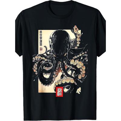 European Size Men' & ' Japanese Dark Octopus T-Shirt -  Round Neck Short Sleeve Tee with Random Octopus Print, Machine Washable