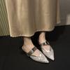 Rhinestone Mesh Wrapped Slippers Summer New Pointed Toe Cutout Breathable One Strap Non-Slip Low Heel Shoes